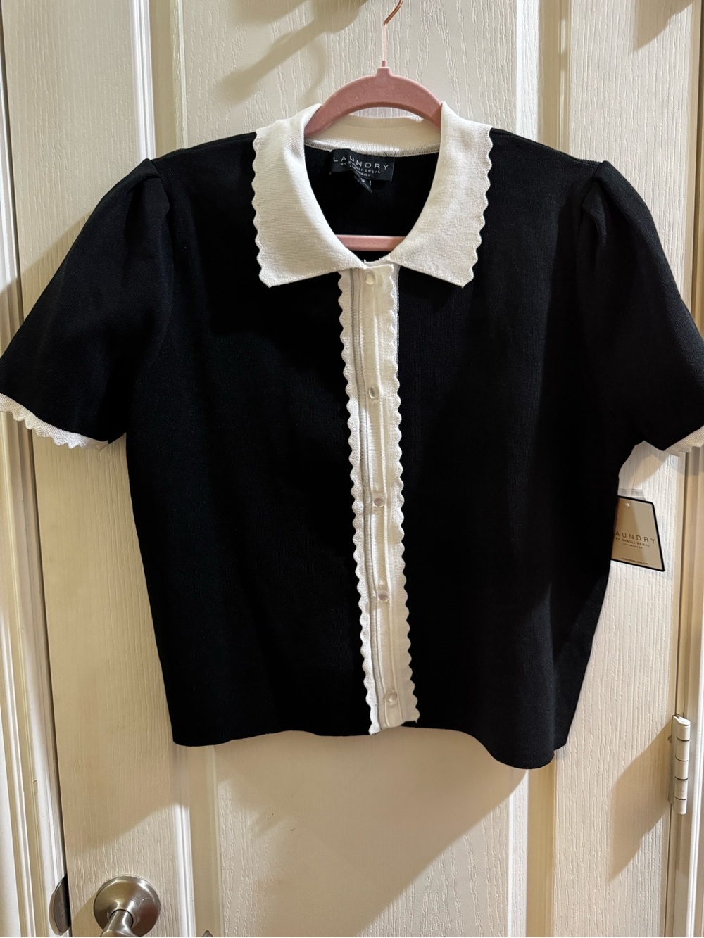 Laundry By Shelli Segal Black and White Short-Sleeve Knit Cardigan